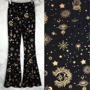 Celestial Moon Star High Waisted Stretch Knit Flare Leggings Pants Bohemian 70s